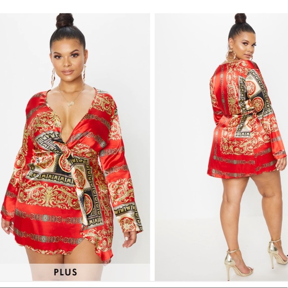 Plus Size Red Printed Satin Long Sleeve 